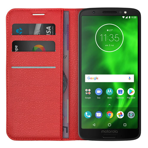 Leather Wallet Case & Card Holder Pouch for Motorola Moto G6 - Red